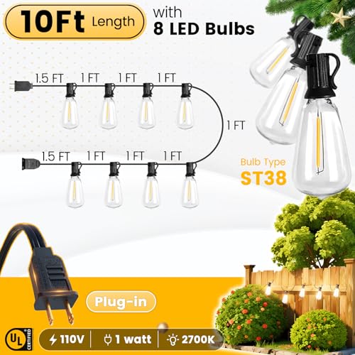 10FT Outdoor String Lights - LED Waterproof Patio Lights with Shatterproof ST38 Edison Plastic Bulb, Connectable Hanging Lighting for Outside Indoor Backyard Yard Gazebo Porch Party Decor - SOLROS - size: 10FT ST38- Plug-In Version