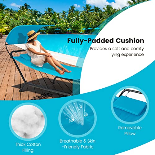Tangkula Hammock with Stand Included, Heavy Duty Outdoor Hammock with Adjustable Canopy, Rustproof Metal Stand, Pillow, Storage Pocket, Hammock Bed with Stand for Backyard Lawn Poolside (Blue) - color: Blue