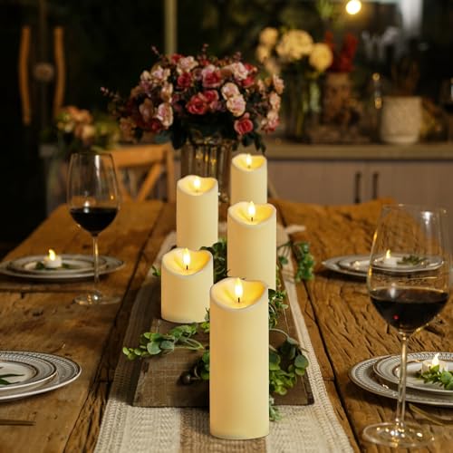 Homemory Outdoor Waterproof Flameless Candles, LED Candles, Battery Operated Candles with Remote and Timers, Electric Fake Plastic Pillar Candles, Dark Ivory, D3 H4 5" 6" 8" 8", Set of 5 - color: Dark Ivory, size: D3"xH4"5"6"8"8"