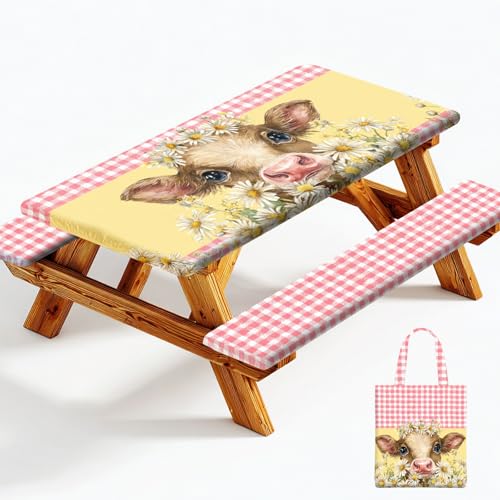 Picnic Table Cover with Bench Covers Elastic Edges, Outdoor Patio Camping Essentials 72 Inch 3PCS, Waterproof Camping Fitted Tablecloth with Handbags (Pink check daisy cow) - color: Pink checkered cow
