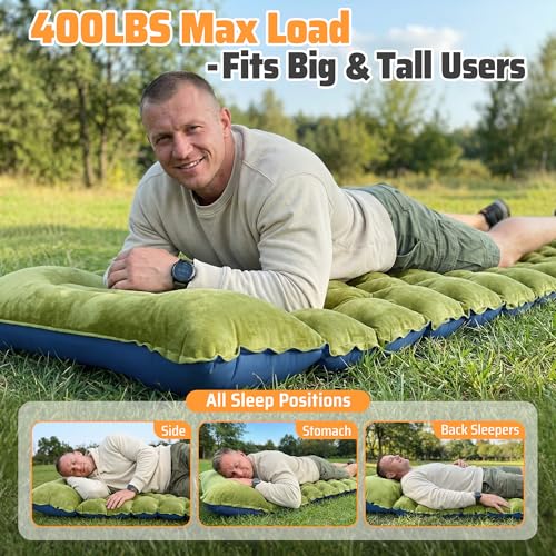 4" Thick Double-Sided Camping Sleeping Pad | Warm Velvet Top, Waterproof Nylon Bottom | Inflatable Mattress for Backpacking & Cold Weather - color: Crystal Velvet Green+blue Nylon
