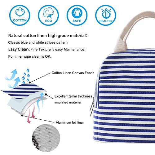 EurCross Blue and White Stripes Lunch Bag Women,Cooler Tote Bag Insulated Lunch Bento Box Bag, Canvas Portable Tote Thermal Bag for Adult Women and Men for Work - color: Blue Stripes