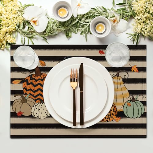Fall Placemats Set of 4, Autumn Place Mats 12x18 Inch Leopard Buffalo Plaid Pumpkin Heat Resistant Washable Tablemats for Farmhouse Kitchen Dining Thanksgiving Halloween Party - color: Plaid Pumpkin