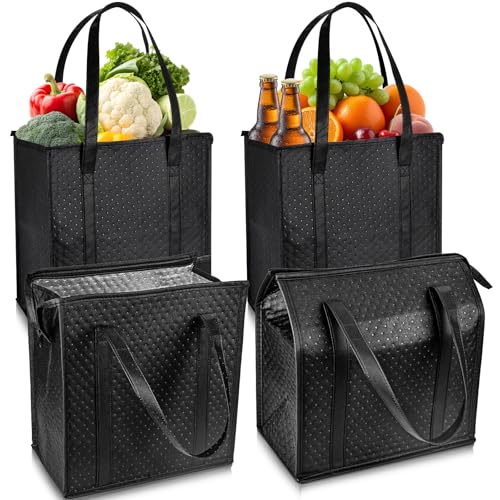 Insulated Grocery Bags, Reusable Insulated Bag, Portable Cooler Bags for Shopping Food Travel Beach Camping (4 Pack) - color: Black