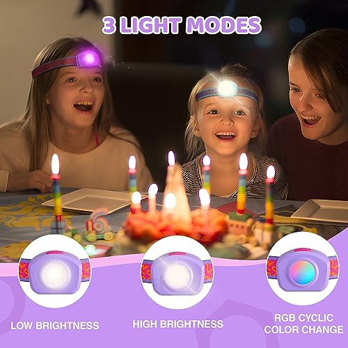 EverBrite LED Headlamp Rechargeable Kids Headlamp with RGB Mode and Adjustable Headband, 3 Modes Multicolor Headlamp for Kids, Bright Kids Head Lamp for Camping, Reading, Exploring, Hiking, Birthday - color: Sweety