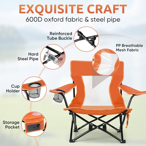 HaSteeL Folding Beach Chair Set of 2, Foldable Orange Camping Chairs for Outside, Low Beach Chair Portable for Adults Fishing, Picnic, Outdoor BBQ, Travel, Sports, Cup Holder & Storage Bag - color: Orange Chairs
