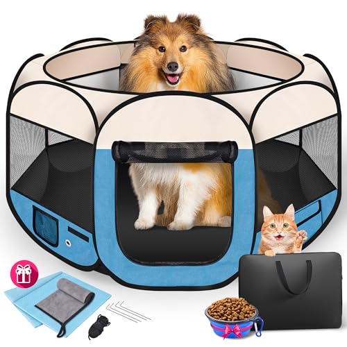 Dog Playpen 45", HOMAGICO Pet Playpen for Indoor Cats Enclosed, Portable Dog Cage Outdoor Tent Crate with Carrying Case, Water-Resistant and Removable Shade Cover, Blue - color: Blue