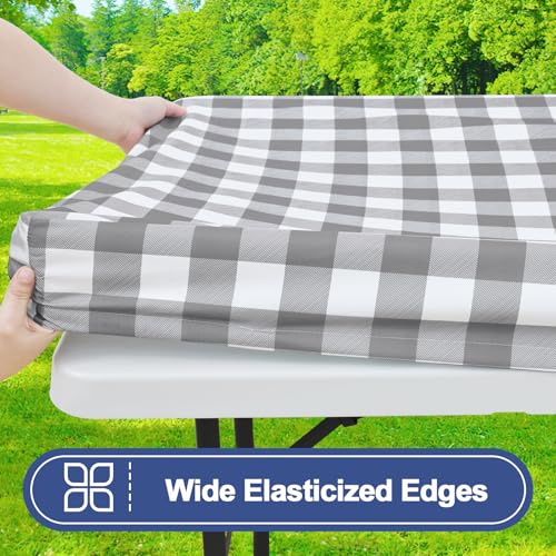 Smiry Picnic Table Cloth 2 Pack, Waterproof Elastic Fitted Tablecloths for 24x48 Rectangle Tables, Washable Polyester Buffalo Plaid Tablecloth for Camping, Dining & Outdoor (Grey & White, 24" x 48") - color: Grey and White, size: 24" x 48"