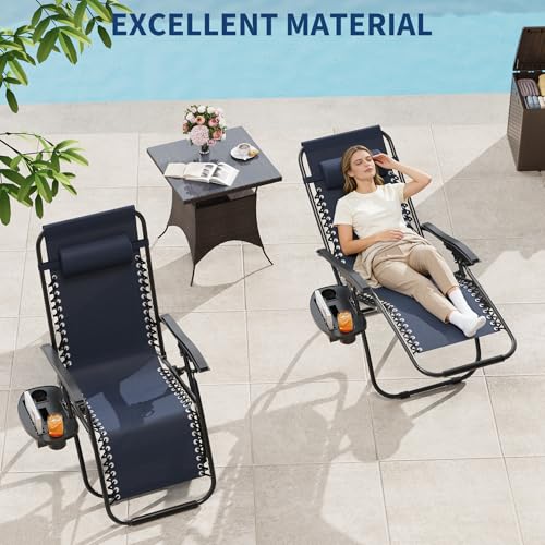 Garvee Zero Gravity Chair Set of 2, Patio Lounge Chair Outdoor with Pillow & Cup Holder Tray, Adjustable Reclining Chair, Folding Portable Camping Chair for Deck, Beach, Yard, Garden - Navy Blue - color: Navy Blue
