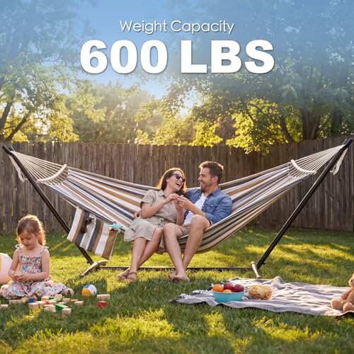 GAFETE Double Hammock with Stand for Outside, Upgraded Spreader Bar, Heavy Duty Space Saving Steel Stand 2 Person, Convenient Pockets, Easy Assembly, 600lbs Weight Capacity, Indoor & Outdoor (Coffee) - color: Coffee