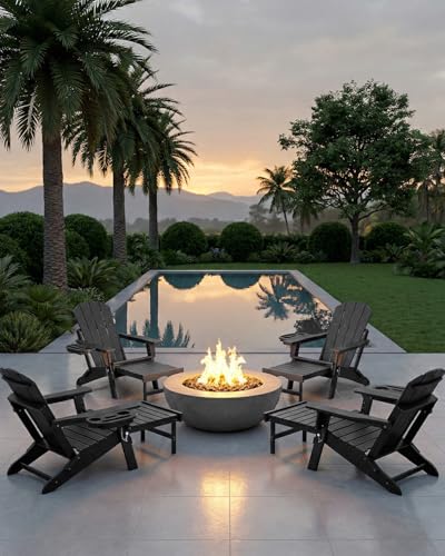 NAVINE Adjustable Adirondack Chair with Retractable Ottoman Set of 8, HDPE Folding Adirondack Chair with Cup Holder, All Weather Fire Pit Chair for Outdoor. - color: Black, size: 8 pcs