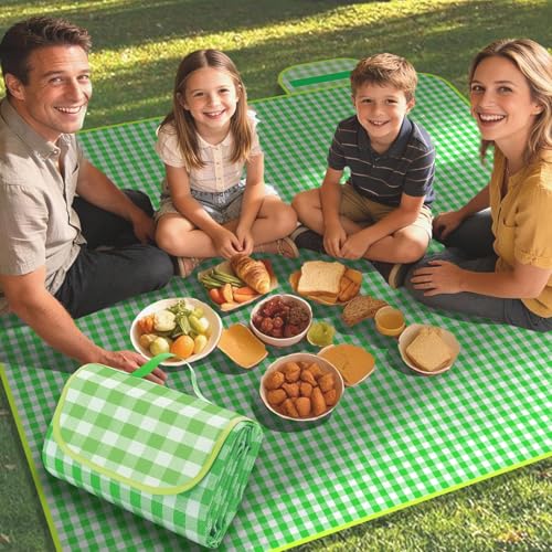 Large Picnic Blanket Beach Blanket 70'' x 70'', Outdoor Waterproof Sandproof Foldable Blanket, Camping Garden Grass Patio Lawn Park Hiking Travel Essential Accessories Green Gingham Mats