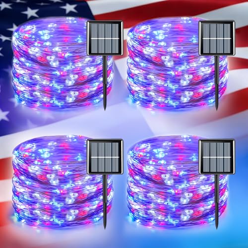 YEGUO 4 Pack Red White and Blue Solar Lights, Each 33ft 100 LED 4th of July Solar Fairy Lights Outdoor Waterproof, 8 Modes Sliver Wire Patriotic String Lights for Independence Memorial Day Decoration - color: Red White and Blue