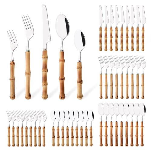50PCS Silverware Set for 10, Bamboo Handle Flatware Set, Stainless Steel Cutlery Set for Home Restaurant and Party, Bamboo Forks Spoons and Knives Set, Polished Tableware - color: 50-Piece Service for 10