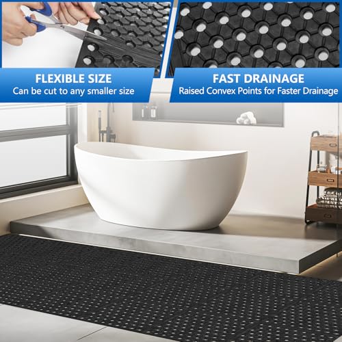 82.6 x 35.4 Inch Non-Slip Commercial Anti-Fatigue Drainage Rubber Mat Roll, Heavy Duty Rubber Floor Mat with Holes for Restaurants, Bars, and Wet Areas, Black