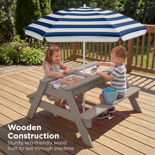 Best Choice Products Kids Picnic Table with Umbrella, 3-in-1 Sand & Water Table, Outdoor Convertible Picnic Table for Toddlers, Seats 4, Removable Top, 2 Buckets - Gray/Navy - color: Gray/Navy