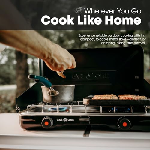 GasOne Portable Camping Stove – Double Propane Stove with Auto Twist Turn Ignition – 22,000 BTU Camping Cooktop with 2 Burners and Wind Guard – Ideal for Tailgating, Fishing, Travel - color: Midnight Blue
