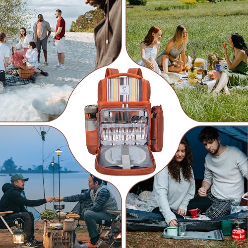 Picnic Backpack for 4 Person with 2 Insulated Leakproof Cooler Compartment, 4 Cutlery Sets, Wine Holder, Fleece Blanket, Perfect for Beach, Camping, Hiking, Brown