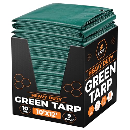 Heavy Duty Poly Tarp - 10' x 12' (9-Pack) - 10 Mil Thick Waterproof, UV Blocking Protective Cover - Reversible Green and Black - Laminated Coating - Grommets - by Xpose Safety - color: Green/Black, size: 10 Feet X 12 Feet (9pk)