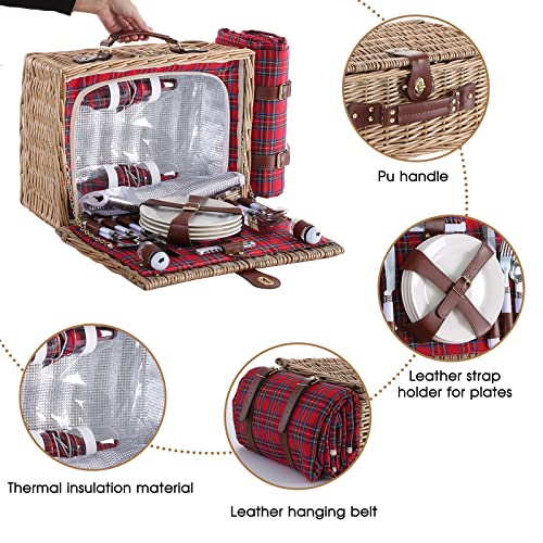 Wicker Picnic Basket for 4 with Waterproof Picnic Blanket and Insulated Cooler, Willow Hamper for Camping, Outdoors, Photoshoot, or a Birthday, Valentine’s Day, Wedding Gift - color: Red Grid
