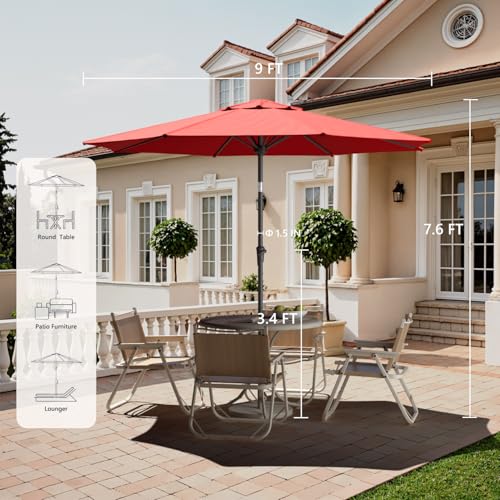 Outdoor Patio Umbrella with One Push Button Tilt and Crank, 8 Sturdy Ribs Market Table Umbrella - color: Red-Steel Ribs, size: 10FT