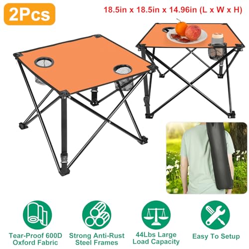 iMounTEK 2 PC Folding Camping Table with 2 Cup Holder, Portable Lightweight Picnic Table, Compact Travel Desk w/Carry Bag for Outdoor, Beach, Camping, Hiking - color: Orange, size: 2PC