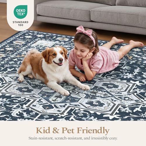 Rugflix Washable Vintage Runner Rug, 2x6 Kitchen Area Rugs with Non Slip Backing, Hallway Runners for Entryway,‎ Laundry and Bedroom, Indoor Stain Resistant Long Carpet, Dark Navy Blue - color: Blue, size: 2' x 6' (Runner)