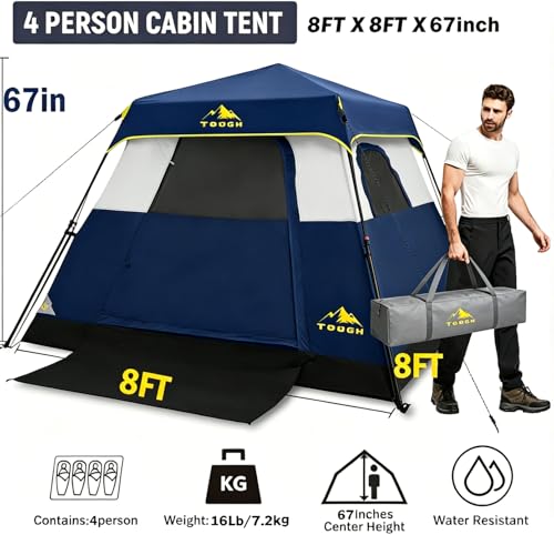 3/4 Person Camping Tent with 1 Door, 4 Windows, and Upgraded Ventilation– Instant Setup, Waterproof, 8'x 8'x 67''Oxford Fabric Floor Pop Up in 60 Seconds Includes Rainfly and Backpack - color: 4 Person -Dark Blue