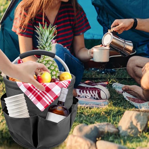 17L Collapsible Picnic Basket with 6 Pockets, Portable & Reusable Handheld Basket for Outdoor, Camping, Picnics, Shopping, Travel, and Storage (Black)