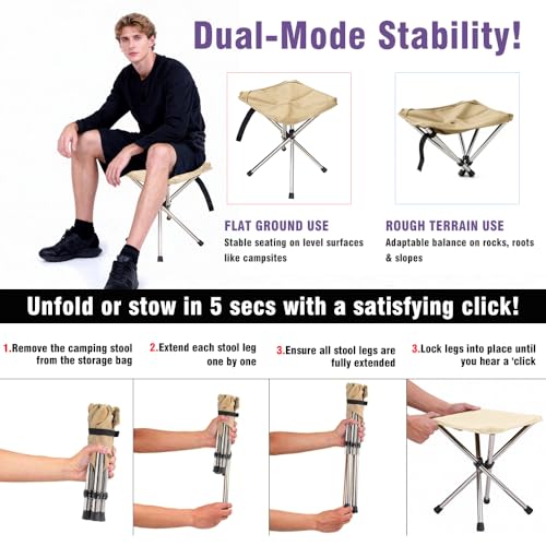 Ultra-Lightweight Camping Stoo - 260lbs Capacity | 13.8in Expanded Height | 1.2lbs Ultra-Light & Waterproof | 1-Pull Quick Setup for Camping, Hiking, Fishing, BBQ & Waiting in Line (Khaki) - color: Khaki