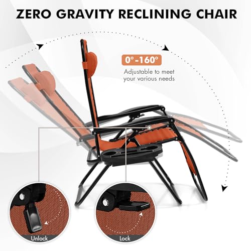 Giantex Zero Gravity Reclining Chair, Outdoor Patio Recliner with Cup Holder & Removable Pillow, Adjustable Backrest, Indoor Lounge Chair for Backyard, Garden, Poolside (Orange) - color: Orange, size: 1 Count (Pack of 1)
