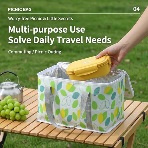 Insulated Picnic Bag Cooler, Reusable Beach Bag Cooler Bags with Zippered Top, Insulated Bag for Hot or Cold, Collapsible Picnic Basket for Picnic, Beach, Outdoor (13.7 * 7.8 * 7.8 in)