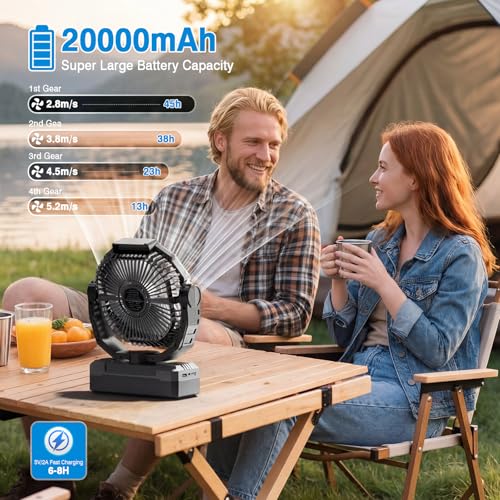 Camping Fan Rechargeable, 20000mAh Battery Powered Portable Fan with 4 Speeds & 2 LED Lights, Cordless Outdoor Tent Fan with Hanging Hook for Home Office Beach Travel - Dark Black - color: Dark Black