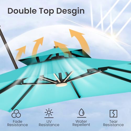 9x12 FT Cantilever Patio Umbrella with Led Lights Double Top Outdoor Rectangular Large Heavy Duty Aluminum Offset Umbrellas with 7 Level Tilt 360-degree Rotation for Pool Garden Deck, Turquoise - color: Turquoise, size: 9' X 12'-with Light