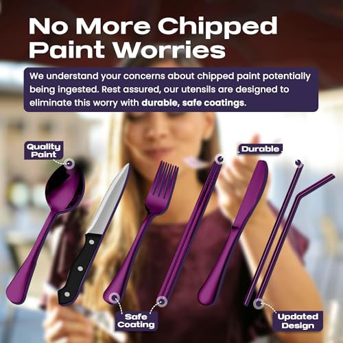 Taplord Portable Travel Silverware Set With Case, Includes 10 Pcs of Travel Utensils With Case, Stainless Steel Flatware Set For Camping, Lightweight (Purple) - color: Purple, size: 10 Pieces