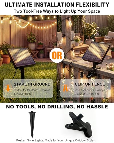 108FT Solar String Lights Outdoor Waterproof, Dimmable Solar Powered Outdoor Lights with Remote & 48+2 LED Shatterproof Bulbs, ST38 LED String Solar Light for Patio, Camping, Backyard, Garden - size: 108FT (48Bulbs)
