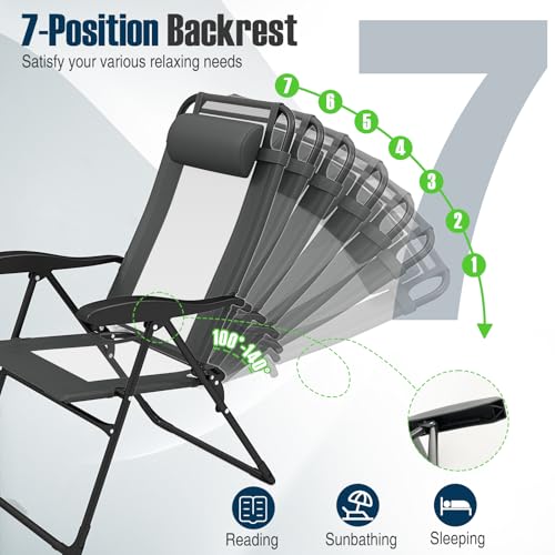 Giantex Set of 2 Patio Folding Chairs, Portable Outdoor Dining Chairs with 7-Level Adjustable Backrest, Headrest, Metal Frame, Outside Recliner for Front Porch Camping Picnic Lawn Garden, Dark Gray - color: Dark Gray
