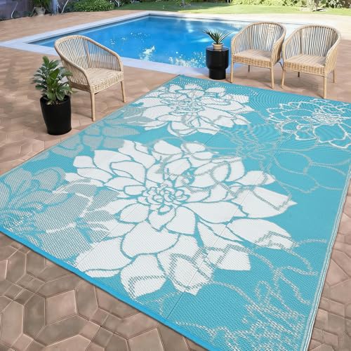GarveeHome Outdoor Rug Waterproof 8x10 Reversible Outdoor Plastic Straw Rug Modern Floral Patio Rugs Indoor Outdoor Mat RV Mat Outside for Patio Camp Balcony Deck Picnic, Light Blue - color: Floral|light Blue, size: 8' x 10' (Rectangular)