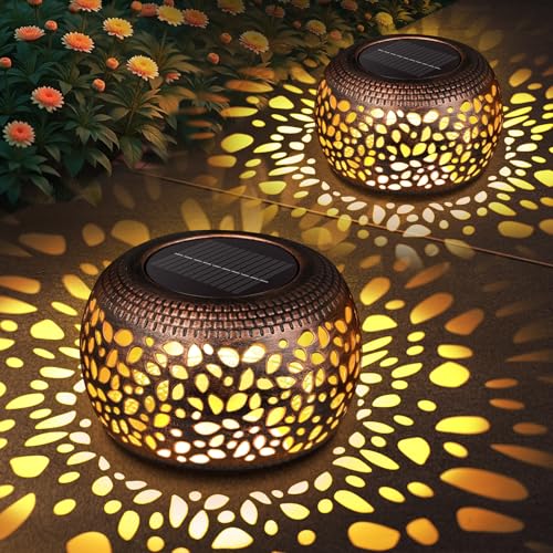 Solar Lanterns Outdoor Waterproof Decor: 2 Pack Red Copper Hollow Out Retro Metal Solar Lights - Unique Gardening Gifts for Women Mom - Outside Patio Porch Yard Tabletop Decorations 2 Lighting Modes - size: Red Copper 2 Pack