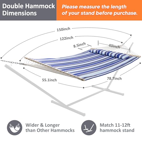 SUNCREAT Hammocks Quilted Fabric Hammock, Double Hammock with Spreader Bar, Soft Pillow, Max 475lbs Capacity, Blue Stripes - color: Blue Stripes