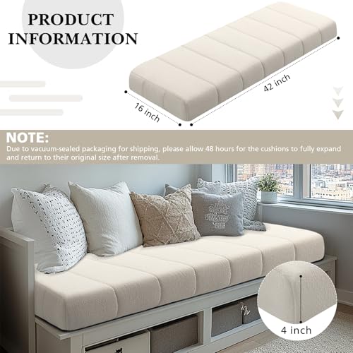 Wenqik Bench Cushion 42x16x4 Inch for Indoor Outdoor Furniture Tufted Thicken Bay Window Seat Cushion Non Slip Waterproof Dining Piano Bench Pad Pillow Anti Cat Scratch for Patio Porch Swing, Beige - color: Beige, size: 42x16x4 Inch