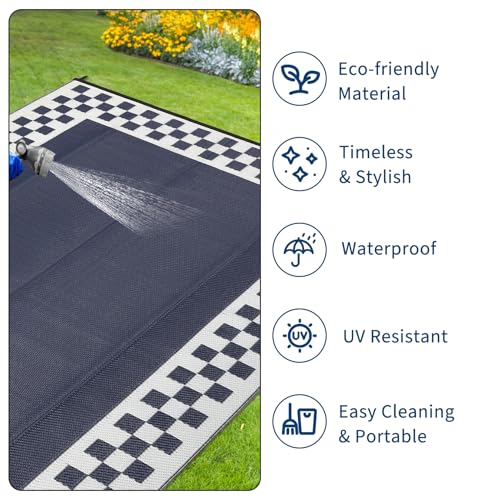 10x14 Large Outdoor Rug Waterproof Weather Resistant Patio Rug with Stakes & Carry Bag, Reversible Plastic Straw Modern Outdoor Carpet for Garden Backyard Balcony RV Mat Blue White - color: Border1|blue White, size: 10' x 14' (Rectangular)