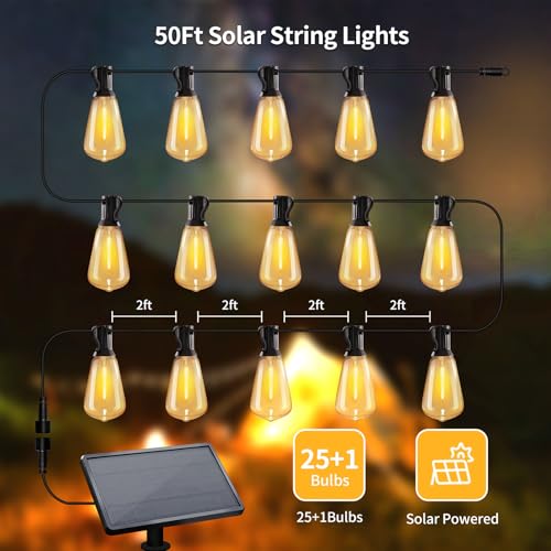 SANBEN 50ft Solar String Lights with Remote, 25+1 Bulbs Solar Patio Lights Outdoor Waterproof, Solar Powered Dimmable Deck Lights for Garden Porch Party - size: 50ft-ST38