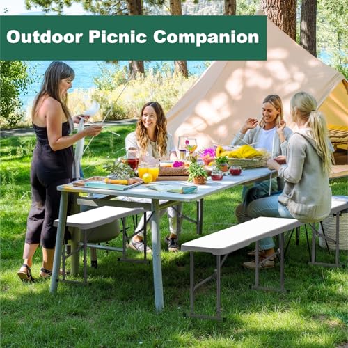 4 Pack 6ft Folding Bench, Plastic Folding Bench for Picnic Camping Dining Party Garden, 6 feet Foldable Benches for Soccer Multipurpose Entertaining Activities, Smooth HDPE Tabletop, White - color: White, size: 4 Folding Bench
