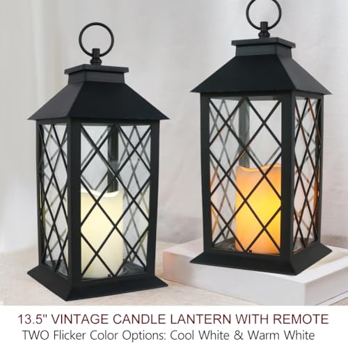 13.5" Decorative Candle Lantern with Timer Candles - IP44 Waterproof Vintage Lanterns Battery Powered LED Decorative for Wedding - Warm White Hanging Wall Lanterns - color: 1-Pack: BLACK - TWO Flicker Options By Remote