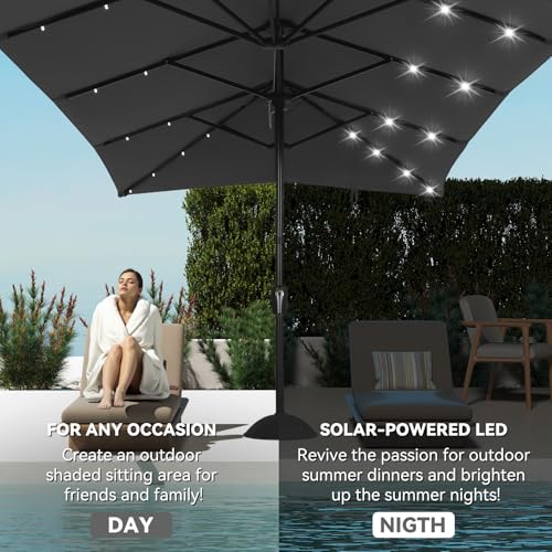 15×15ft Outdoor Patio Umbrella, Double Sided Market Rectangle Umbrella with Crank Handle, Large Sun Shade for Outside Deck, Backyard, Garden - color: Gray with LED lights