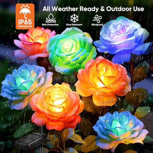 Solar Rose Lights Outdoor: 4 Pack IP65 Waterproof 7-Color Changing LED Flower Stakes for Garden Pathway Patio Lawn Decorative - Auto On Off 10H+ Lighting - size: 4 Pack