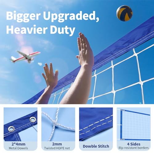 Professional Volleyball Net Outdoor Heavy Duty, All Weather Enhanced, Extended Stainless Steel Cable, Extra Thick Borders, for Backyard Beach Pool Indoor Outdoor- Regulation 32x3FT (Net Only) - color: Blue