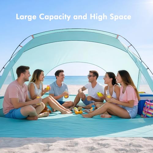 Beach Tent, Portable Sun Shelter for 2/3/4/6-8 Person with UPF 50+ UV Protection, Easy Setup Waterproof Beach Shade Canopy Cabana for Family Outdoor and Picnics, Fishing with Carrying Bag - color: Turquoise Ocean, size: Deluxe 6-Person