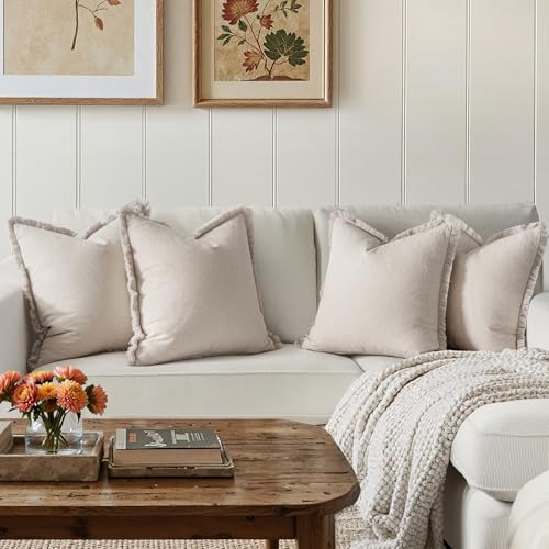 MIULEE Decorative Couch Pillow Covers Neutral Beige Linen Fringe Throw Pillows Set of 4 Boho Farmhouse Cushion Covers Soft Accent Pillowcases for Bed Couch Sofa Living Room Spring Decor 18x18 Inch - color: Neutral Beige, size: 18" x 18" (Pack of 4)